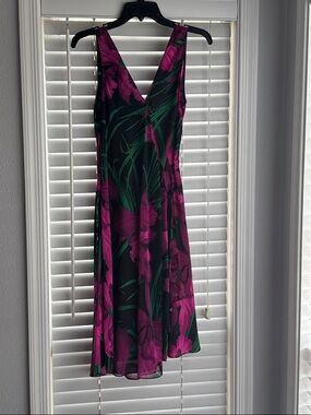 Michael Kors Sleeveless V-Neck Floral Midi Dress in Magenta and Green on Black